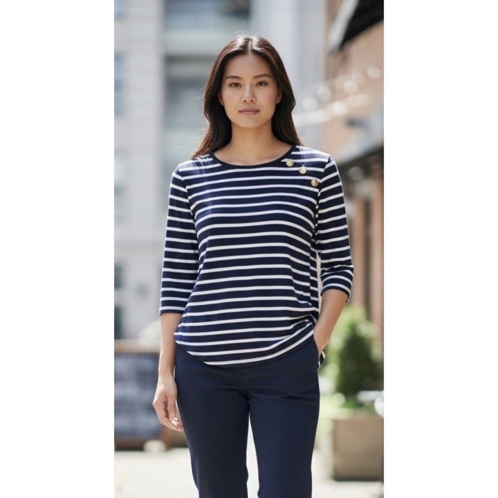Cable & Gauge Navy Blue Striped Nautical Half Sleeve Stretchy Top Gold Accents M